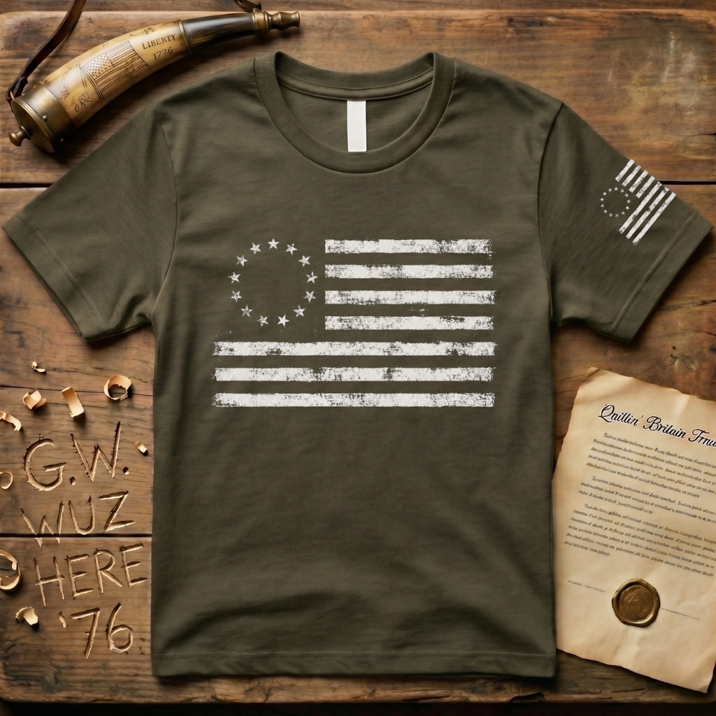 Distressed 13 Star Betsy Ross Flag Chest & Sleeve Dark T-Shirt