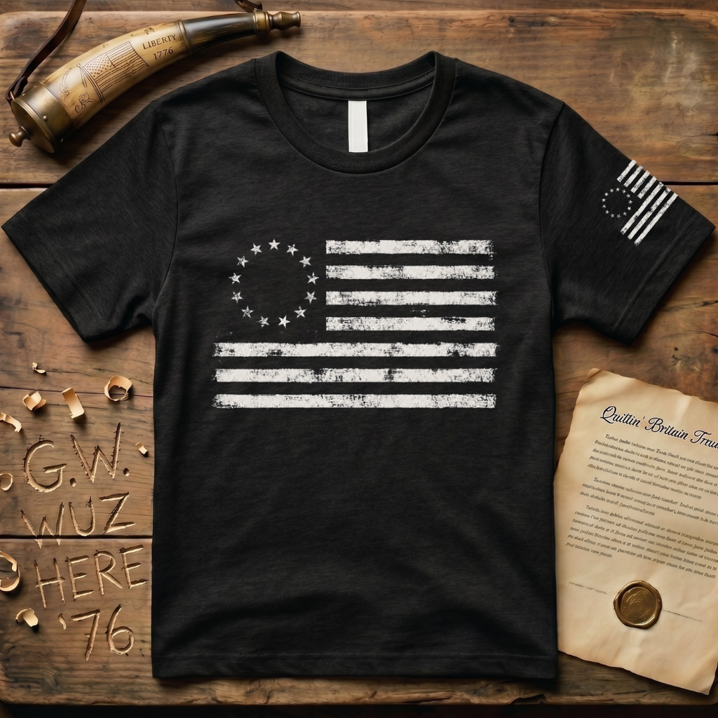 Distressed 13 Star Betsy Ross Flag Chest & Sleeve Dark T-Shirt