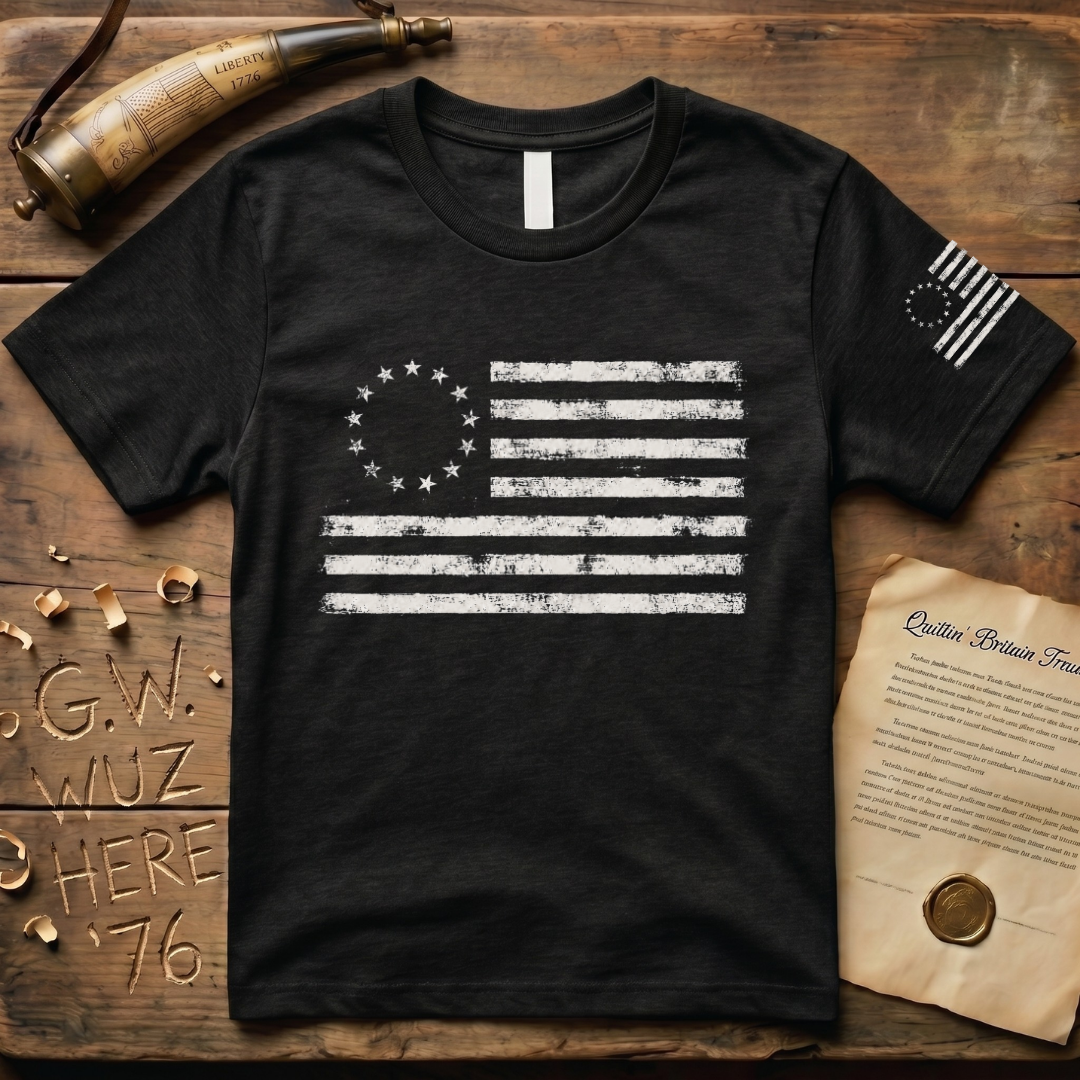 Distressed 13 Star Betsy Ross Flag Chest & Sleeve Dark T-Shirt