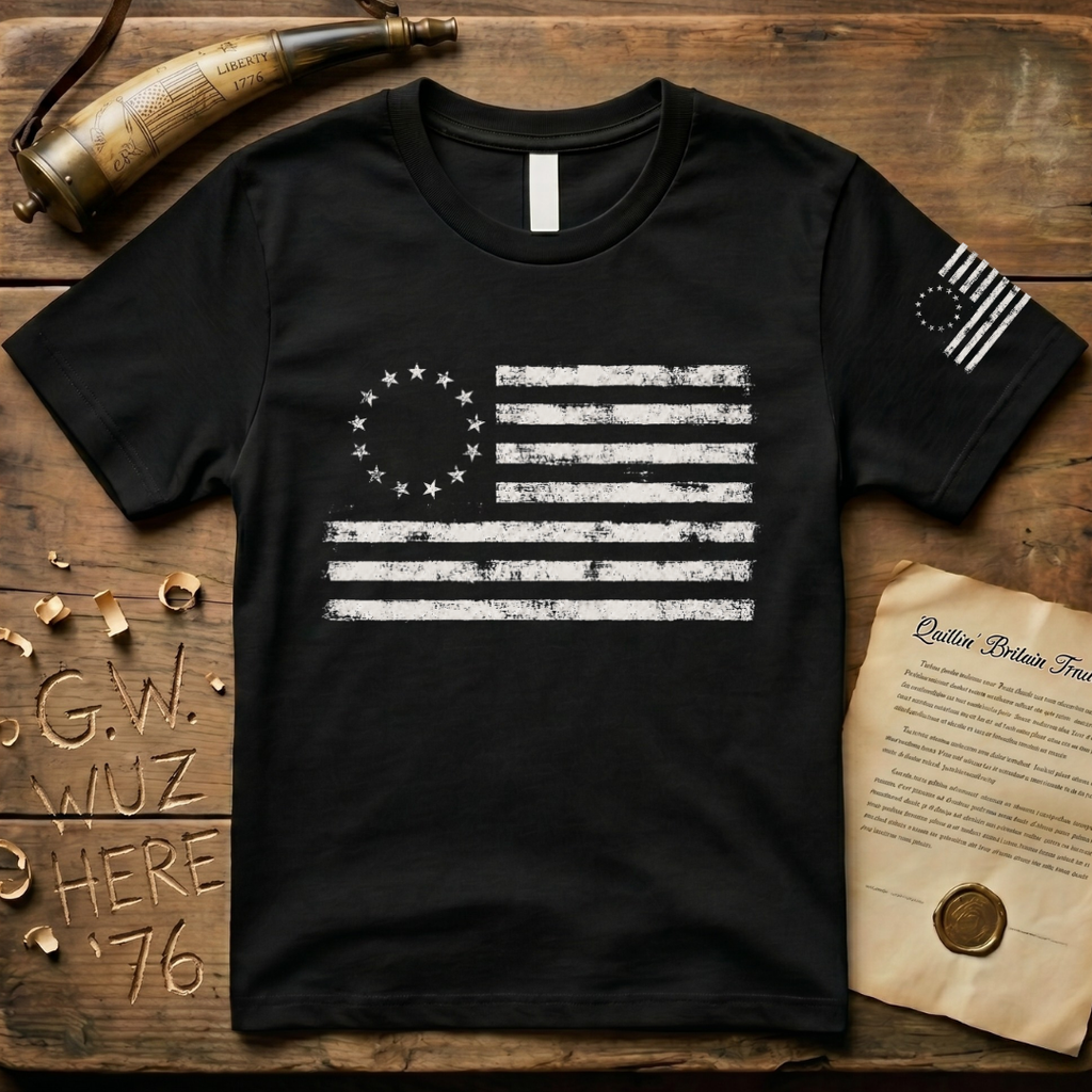 Distressed 13 Star Betsy Ross Flag Chest & Sleeve Dark T-Shirt
