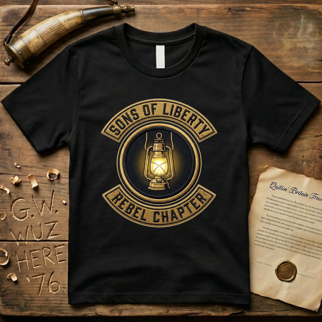 Sons of Liberty Rebel Chapter Printed Motorcycle Gang-Style Patchwork T-Shirt