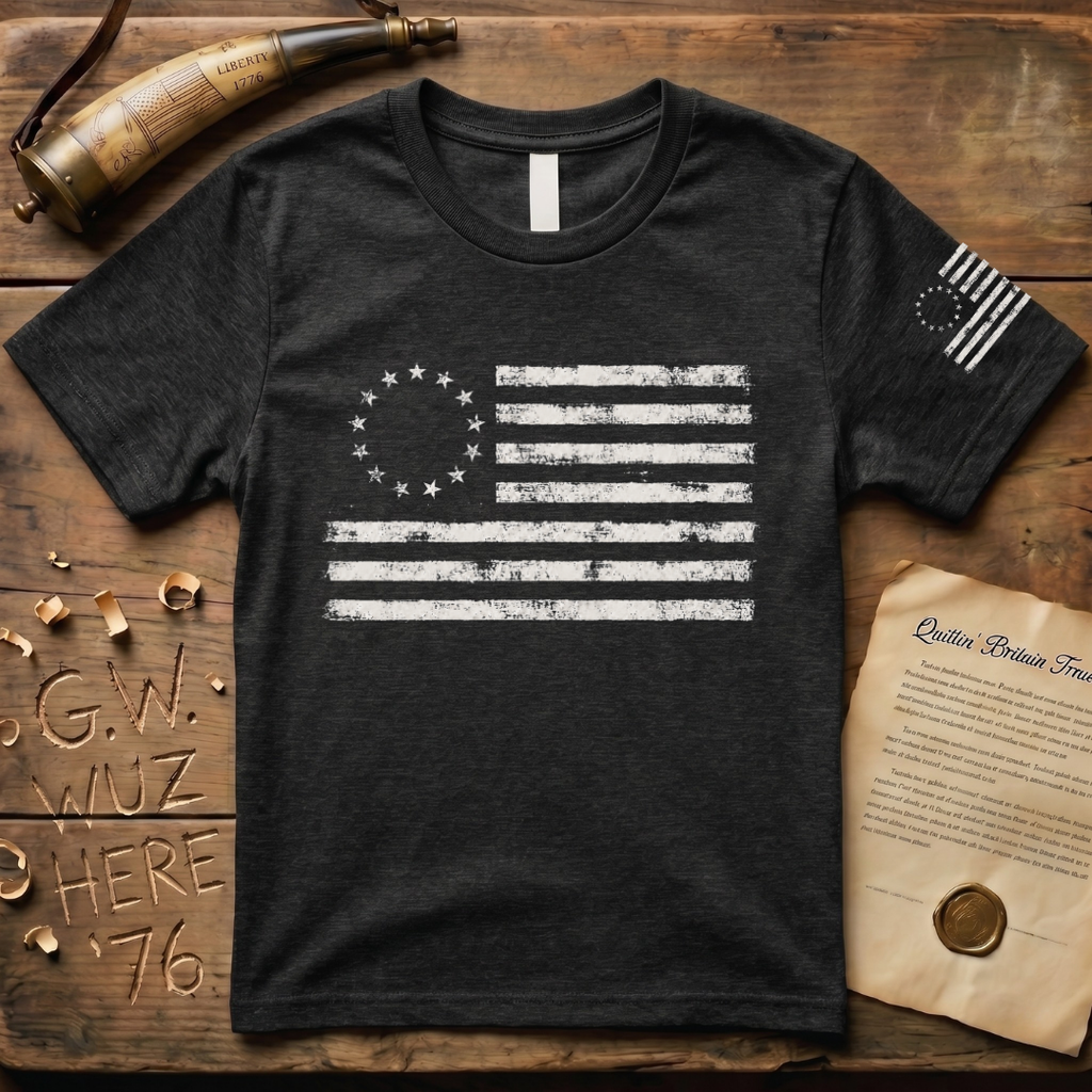 Distressed 13 Star Betsy Ross Flag Chest & Sleeve Dark T-Shirt