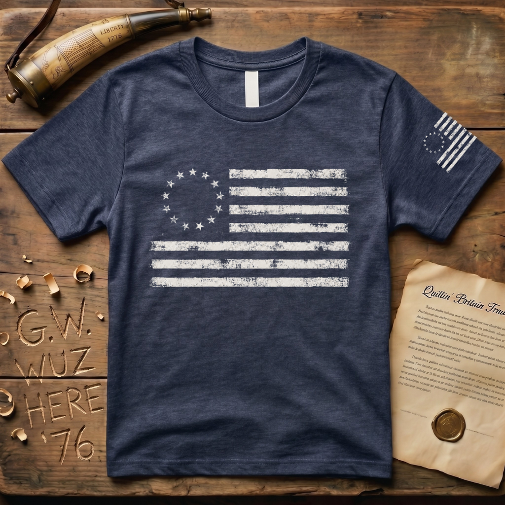 Distressed 13 Star Betsy Ross Flag Chest & Sleeve Dark T-Shirt
