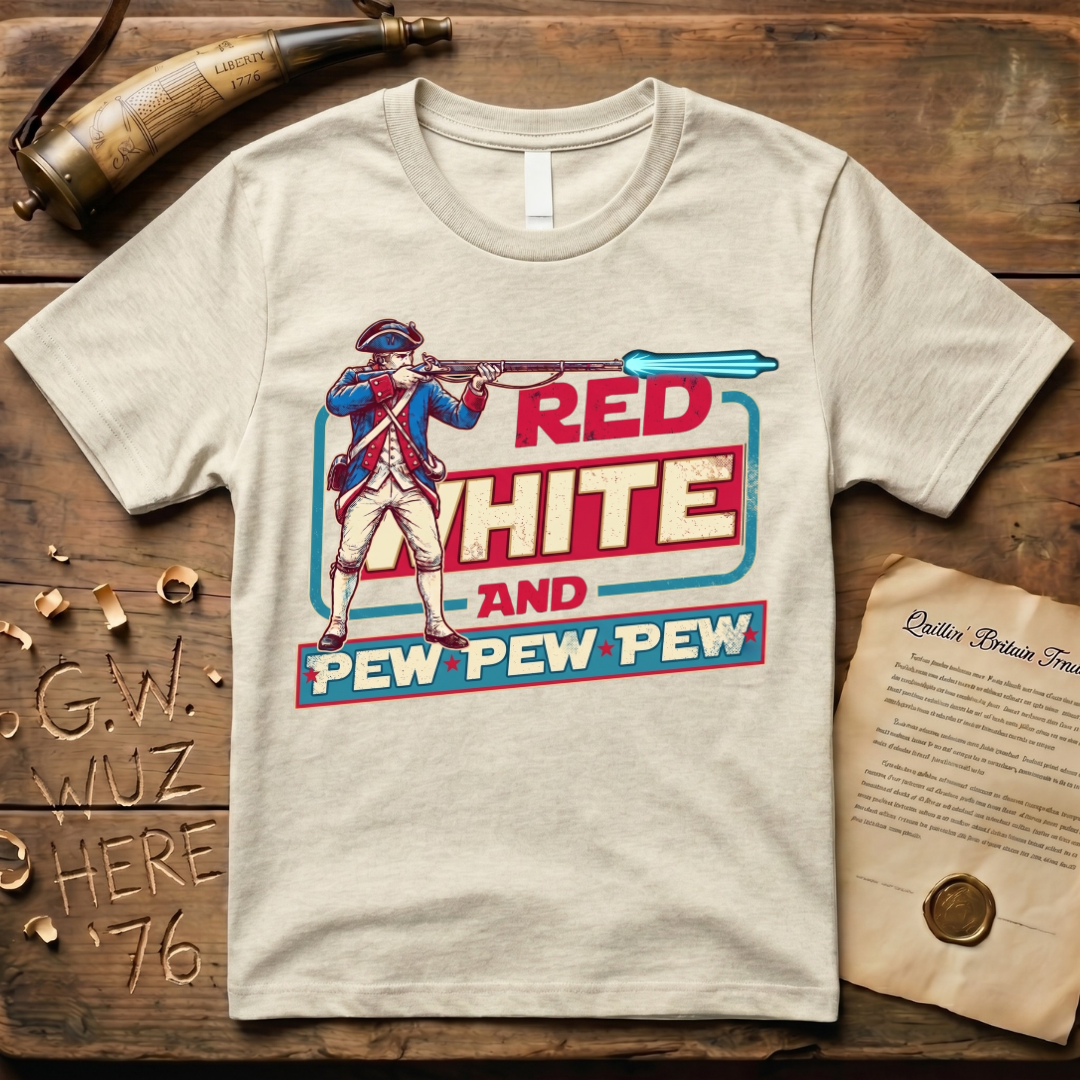 Red White and Pew Pew Pew Vintage Laser Space Musket T-Shirt