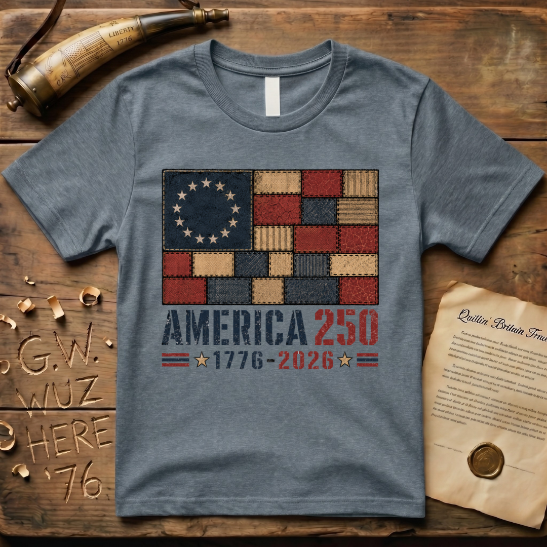 Printed Patchwork America 250 1776-2026 Betsy Ross Dark Flag T-Shirt