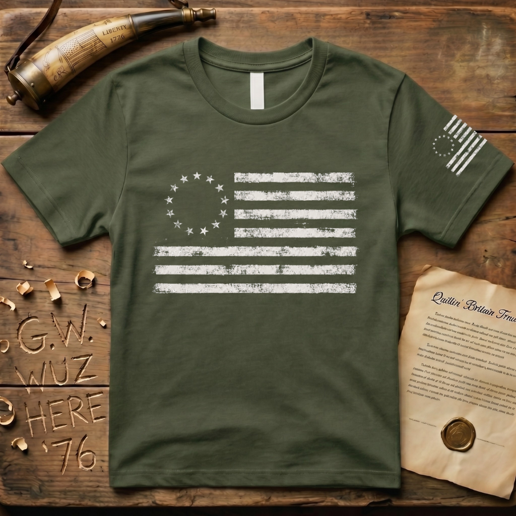Distressed 13 Star Betsy Ross Flag Chest & Sleeve Dark T-Shirt