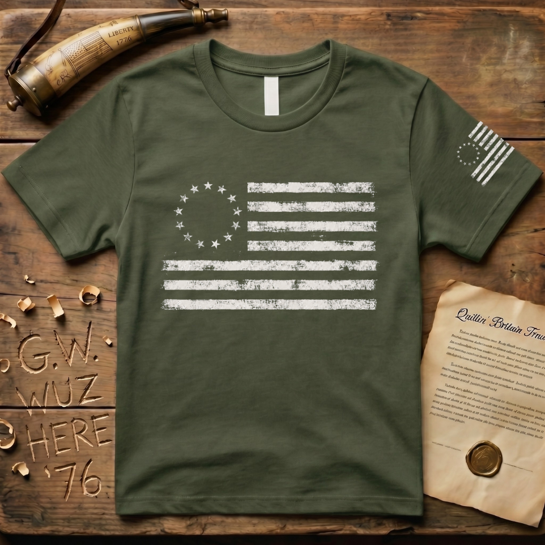 Distressed 13 Star Betsy Ross Flag Chest & Sleeve Dark T-Shirt
