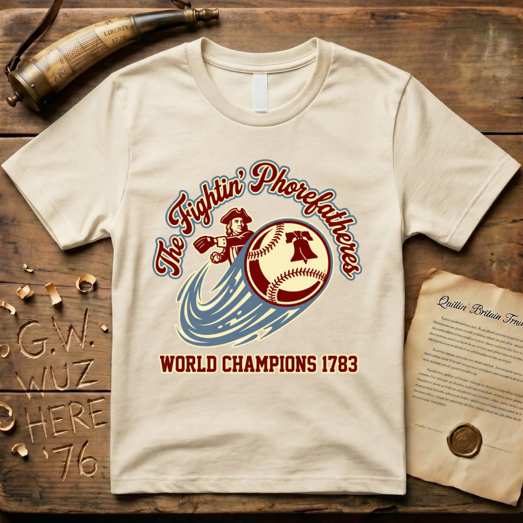 The Fightin' Phorefathers - World Champions 1783 Ben Franklin Baseball T-Shirt
