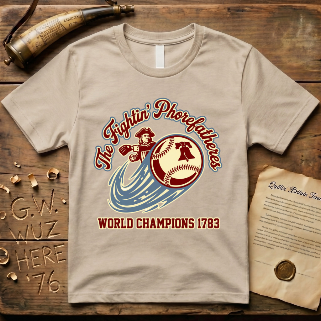 The Fightin' Phorefathers - World Champions 1783 Ben Franklin Baseball T-Shirt