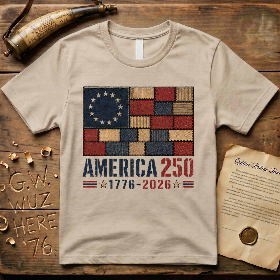 Printed Patchwork America 250 1776-2026 Betsy Ross Dark Flag T-Shirt