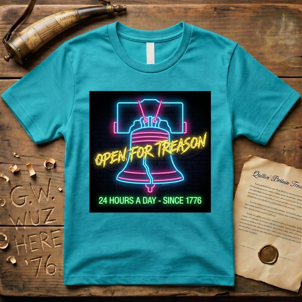 Neon Liberty Bell Sign - Open for Treason 24/7 T-Shirt