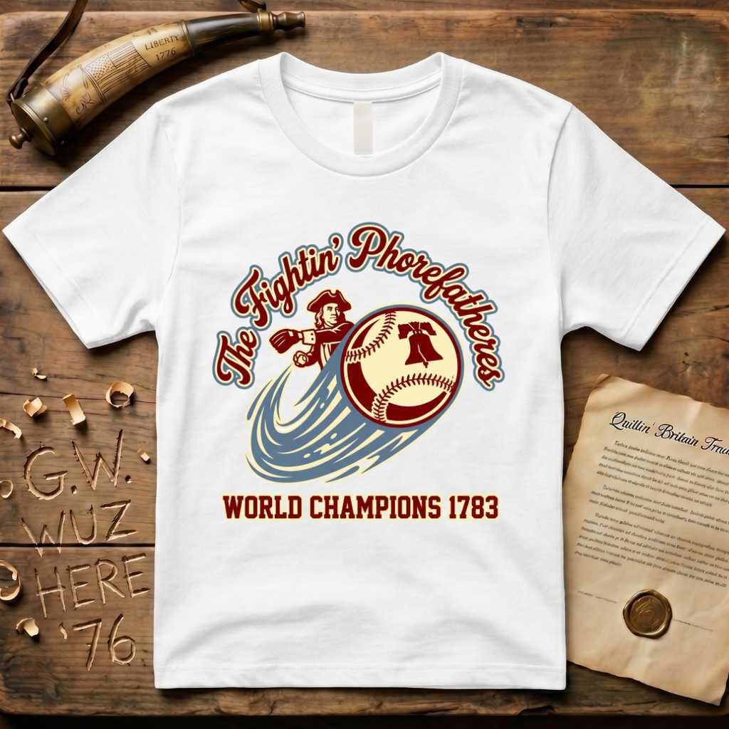 The Fightin' Phorefathers - World Champions 1783 Ben Franklin Baseball T-Shirt